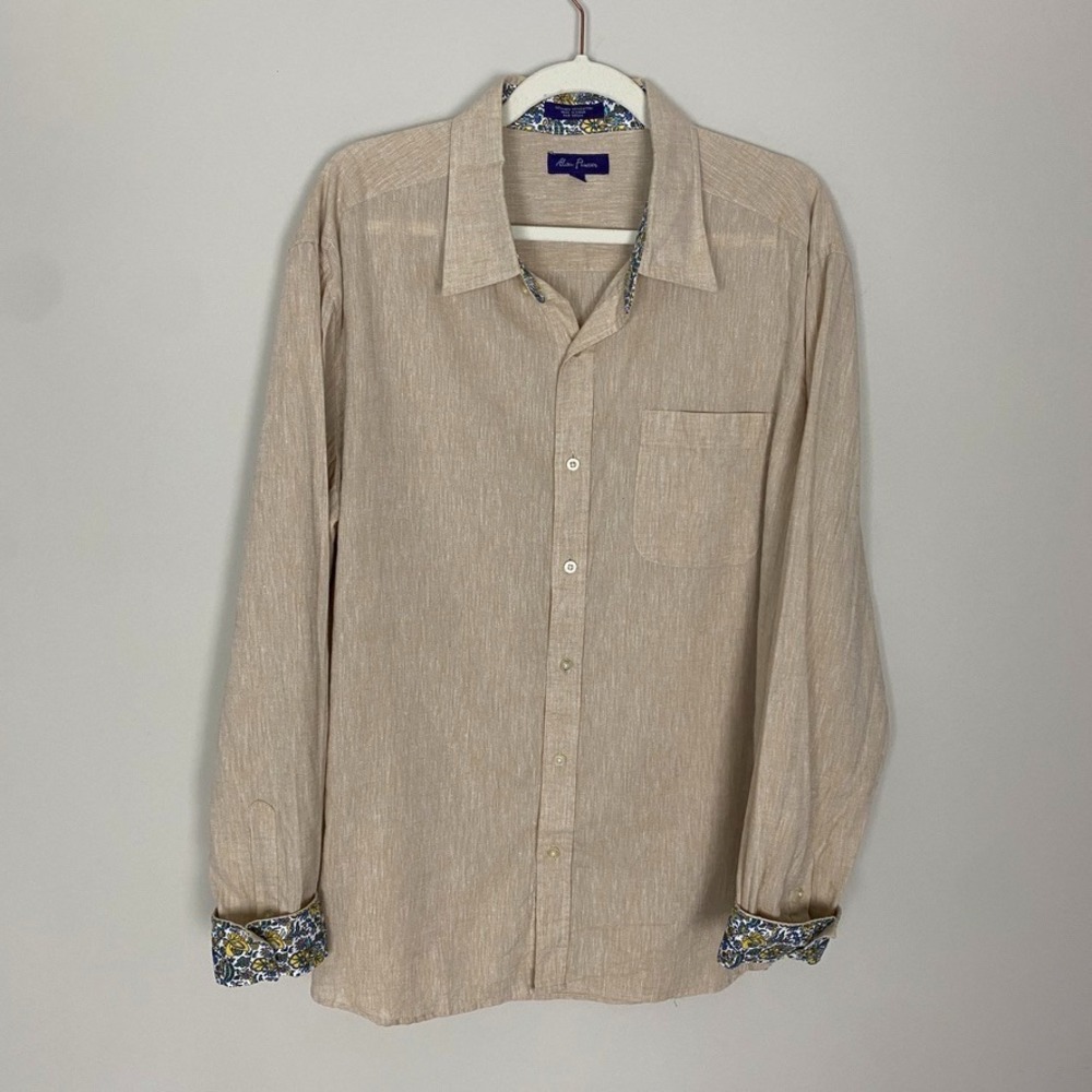 Alan Flusser Linen‎ Blend Button Up Shirt Floral Flip Cuff Mens XL Tan